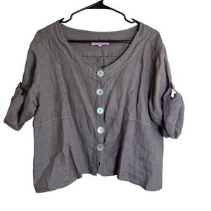 Lin Pour L’Autre Paris 100% Linen Button Up Shirt Top Crop Roll Tab Sz 48 US Lrg